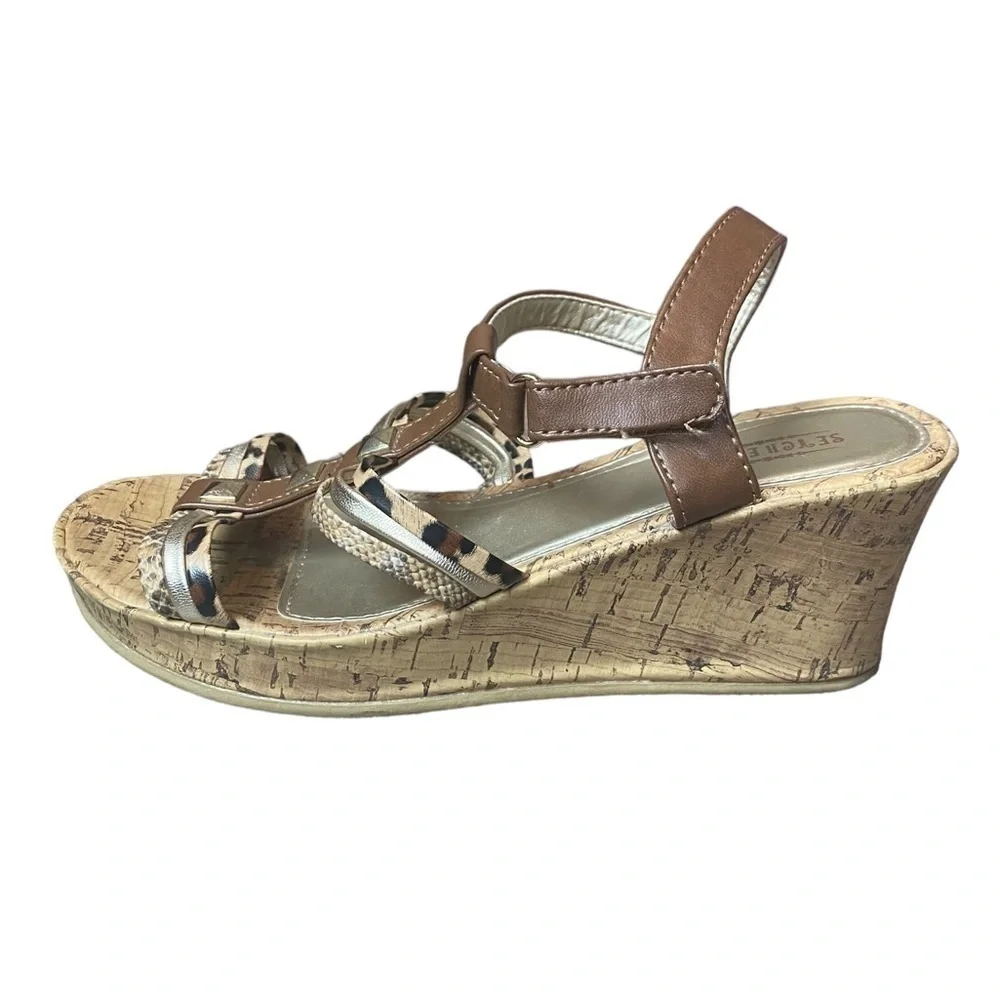 Seychelles Platform Wedge‎ Strappy Animal Print Brown Gold Sandals Heels 4